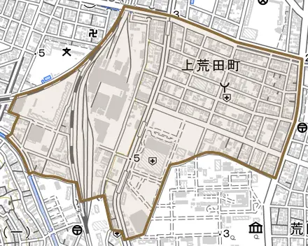 上荒田町とその周辺の地図。町の範囲を重ねている