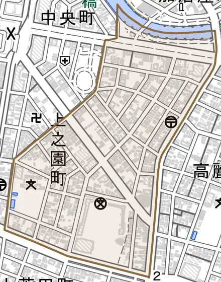上之園町とその周辺の地図。町の範囲を重ねている