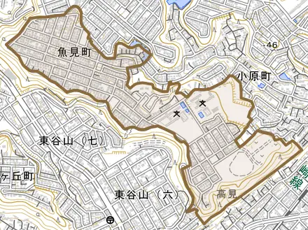 魚見町とその周辺の地図。町の範囲を重ねている