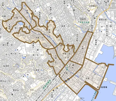 宇宿とその周辺の地図。町の範囲を重ねている
