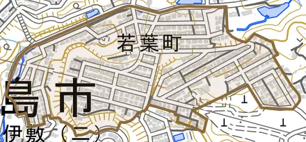 若葉町とその周辺の地図。町の範囲を重ねている