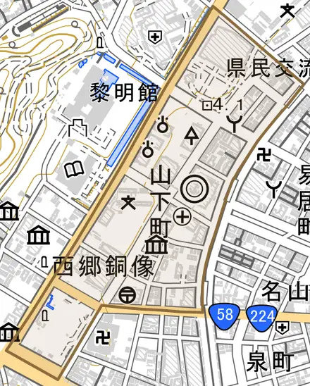 山下町とその周辺の地図。町の範囲を重ねている