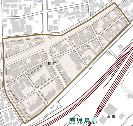 柳町とその周辺の地図。町の範囲を重ねている