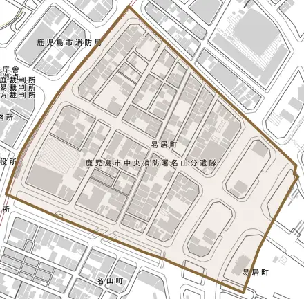 易居町とその周辺の地図。町の範囲を重ねている