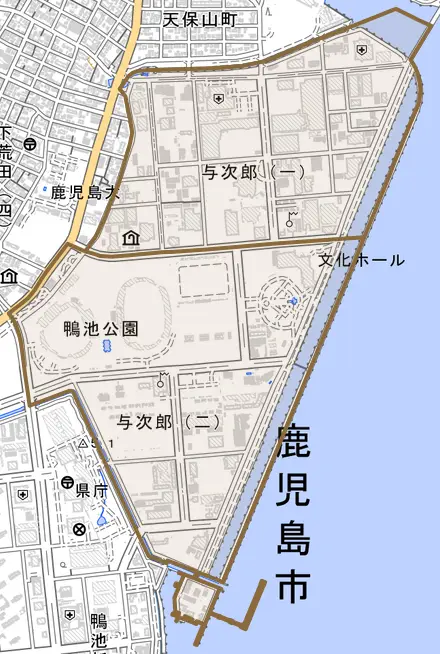 与次郎とその周辺の地図。町の範囲を重ねている