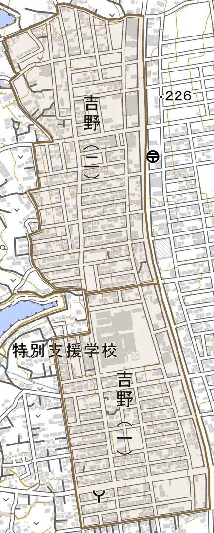 吉野とその周辺の地図。町の範囲を重ねている