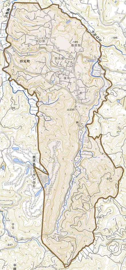 四元町とその周辺の地図。町の範囲を重ねている