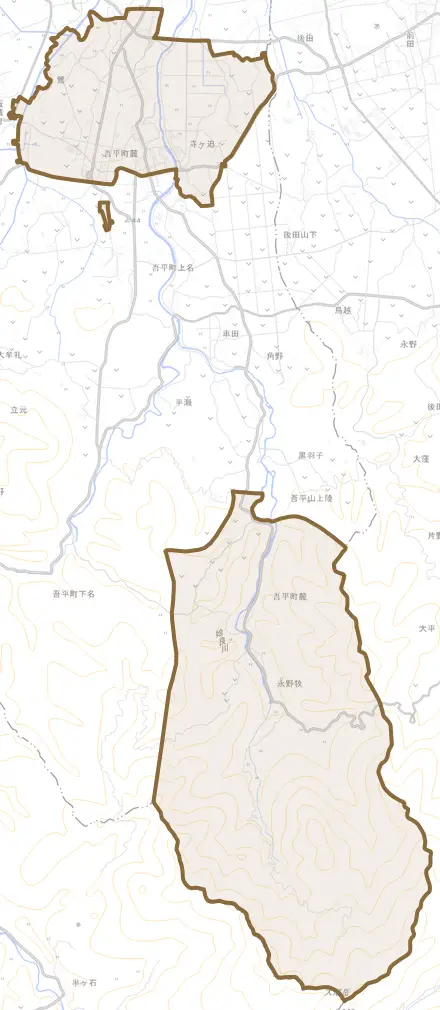 吾平町麓とその周辺の地図。町の範囲を重ねている