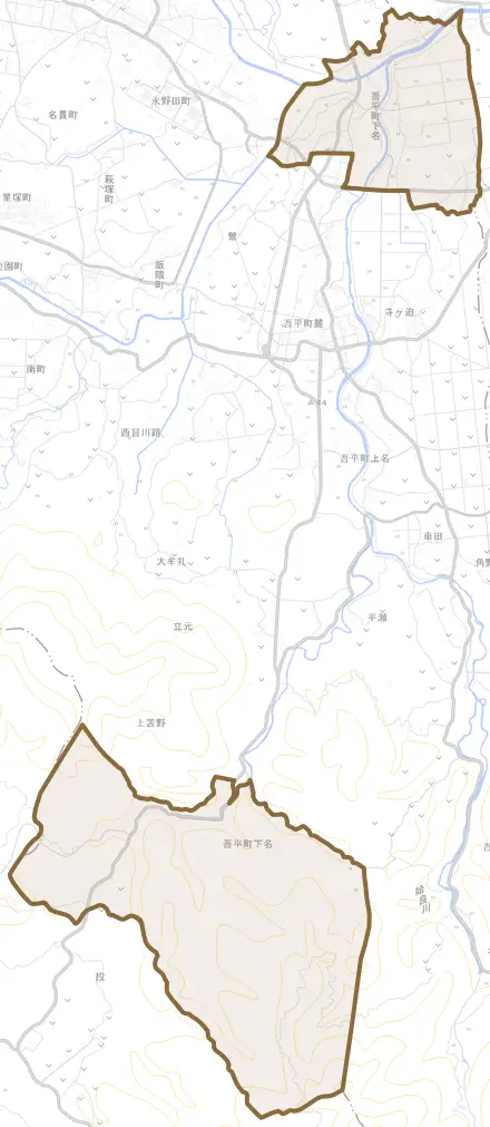 吾平町下名とその周辺の地図。町の範囲を重ねている