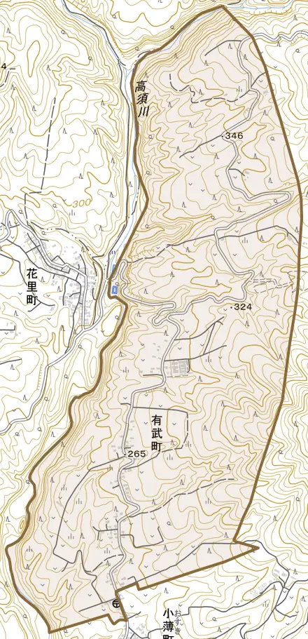 有武町とその周辺の地図。町の範囲を重ねている