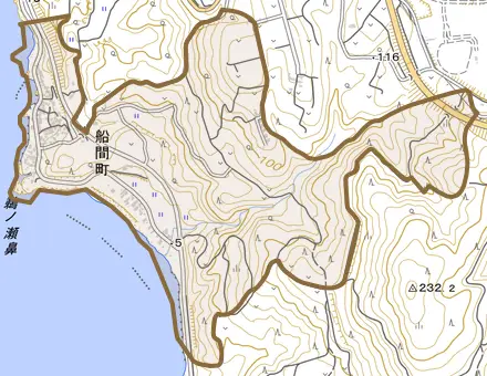 船間町とその周辺の地図。町の範囲を重ねている