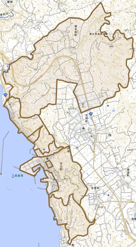 古江町とその周辺の地図。町の範囲を重ねている