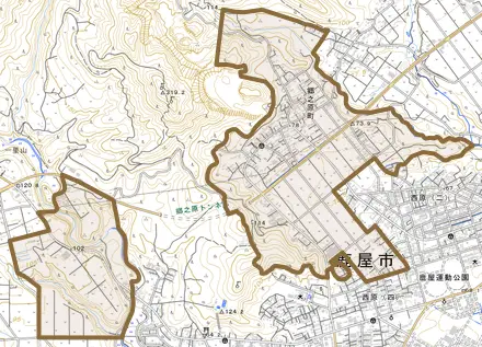 郷之原町とその周辺の地図。町の範囲を重ねている