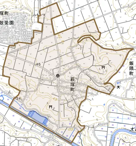 萩塚町とその周辺の地図。町の範囲を重ねている