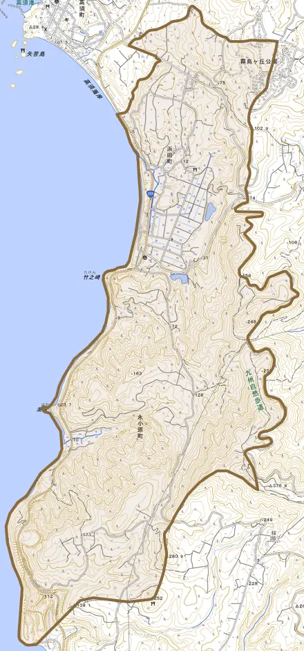 浜田町とその周辺の地図。町の範囲を重ねている