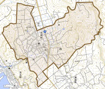 花岡町とその周辺の地図。町の範囲を重ねている