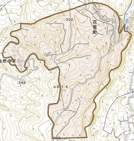 花里町とその周辺の地図。町の範囲を重ねている