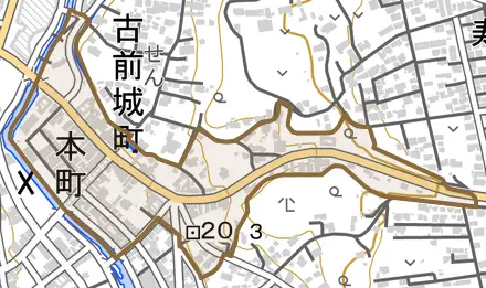 本町とその周辺の地図。町の範囲を重ねている