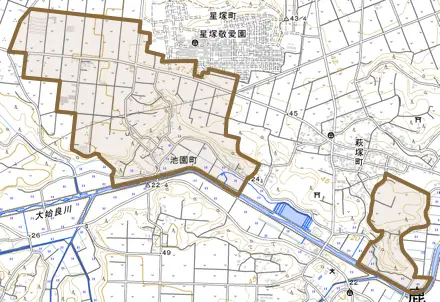 池園町とその周辺の地図。町の範囲を重ねている