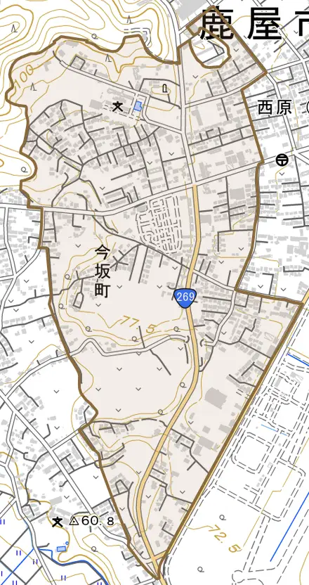 今坂町とその周辺の地図。町の範囲を重ねている