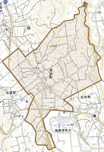 海道町とその周辺の地図。町の範囲を重ねている