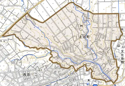 上谷町とその周辺の地図。町の範囲を重ねている