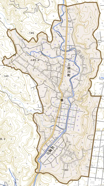 上祓川町とその周辺の地図。町の範囲を重ねている