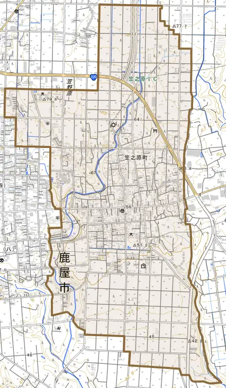 笠之原町とその周辺の地図。町の範囲を重ねている