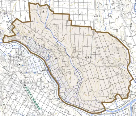 川東町とその周辺の地図。町の範囲を重ねている