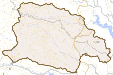 輝北町上百引とその周辺の地図。町の範囲を重ねている