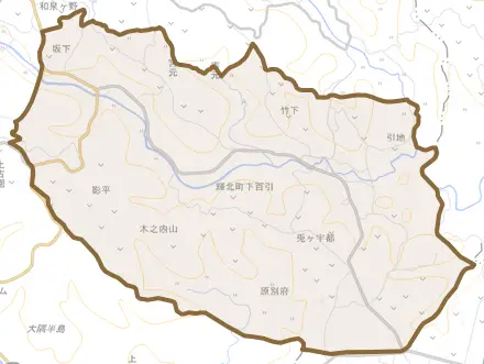 輝北町下百引とその周辺の地図。町の範囲を重ねている