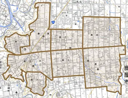 寿とその周辺の地図。町の範囲を重ねている
