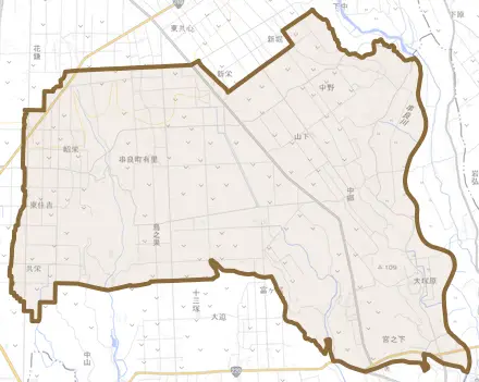 串良町有里とその周辺の地図。町の範囲を重ねている