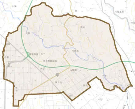 串良町細山田とその周辺の地図。町の範囲を重ねている
