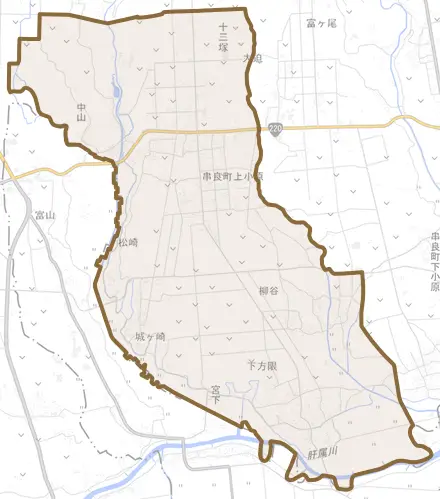 串良町上小原とその周辺の地図。町の範囲を重ねている