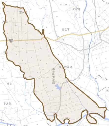 串良町下小原とその周辺の地図。町の範囲を重ねている