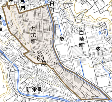 共栄町とその周辺の地図。町の範囲を重ねている