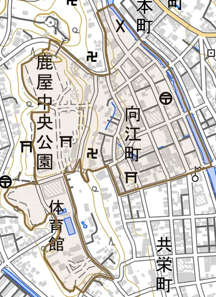 向江町とその周辺の地図。町の範囲を重ねている