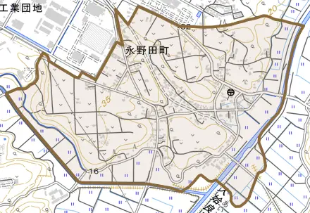 永野田町とその周辺の地図。町の範囲を重ねている