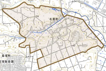 名貫町とその周辺の地図。町の範囲を重ねている