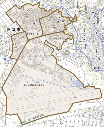 西原とその周辺の地図。町の範囲を重ねている
