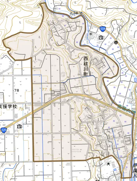 西祓川町とその周辺の地図。町の範囲を重ねている