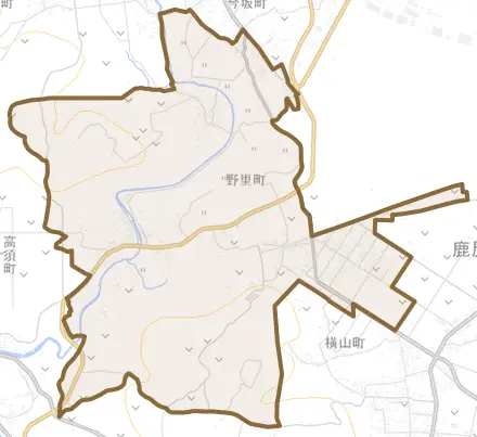 野里町とその周辺の地図。町の範囲を重ねている