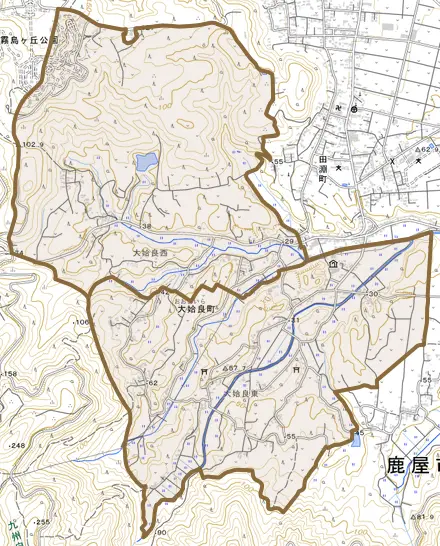 大姶良町とその周辺の地図。町の範囲を重ねている