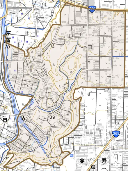 王子町とその周辺の地図。町の範囲を重ねている