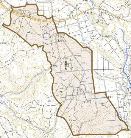 小野原町とその周辺の地図。町の範囲を重ねている