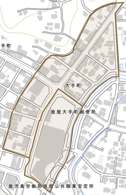 大手町とその周辺の地図。町の範囲を重ねている