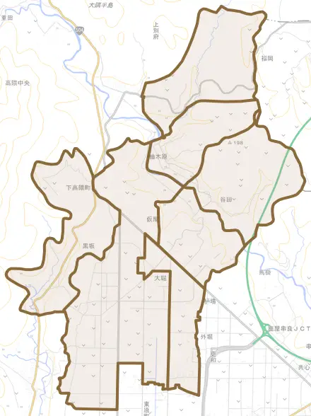 下高隈町とその周辺の地図。町の範囲を重ねている
