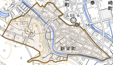 新栄町とその周辺の地図。町の範囲を重ねている