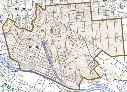 新川町とその周辺の地図。町の範囲を重ねている